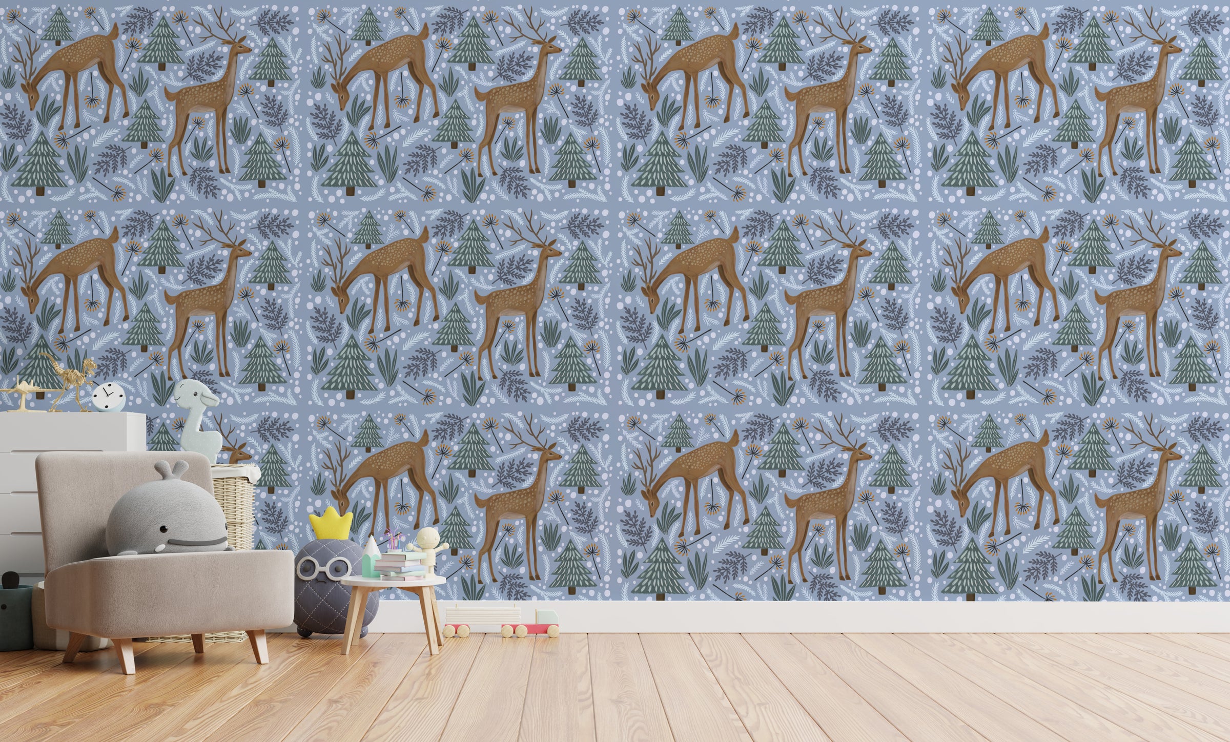 Calm forest theme with deer and pine trees upgrades children’s room wall