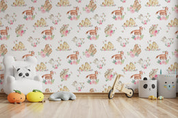 Cozy baby nursery wallpaper featuring soft brown woodland creatures and pink floral pattern, soothing room atmosphere