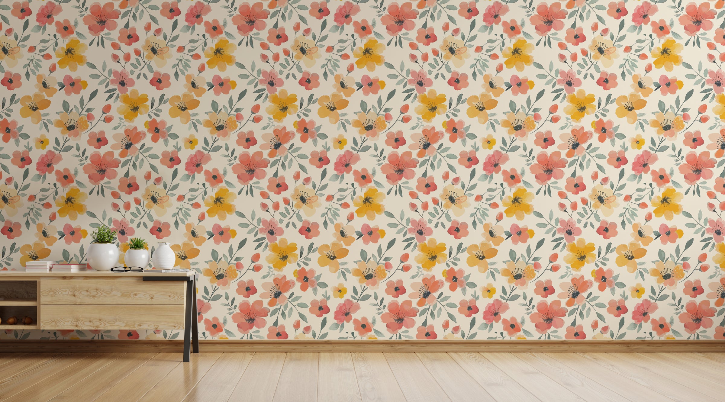 Yellow and Orange Flower Watercolor Pattern Wallpaper For Walls