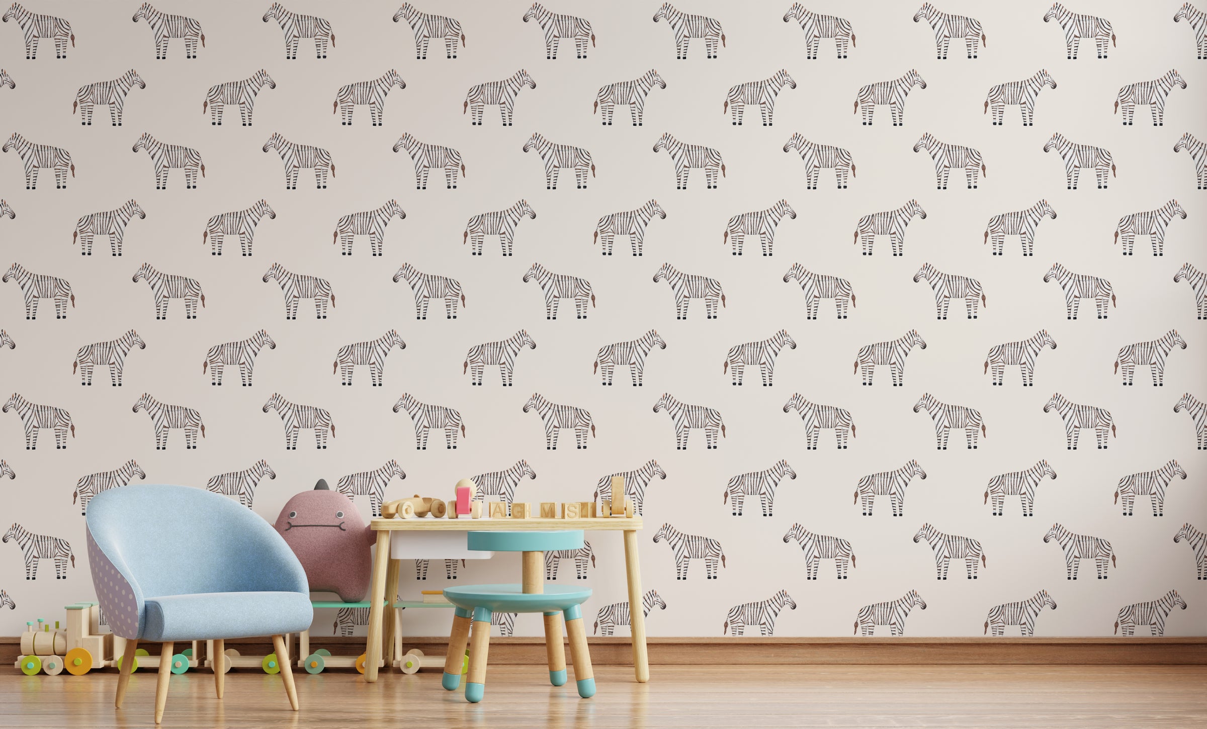 Elegant residence styling featuring wildlife stripe design wall covering forming bold decorative surface within modern nursery environment
